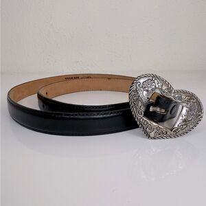 Justin Black Leather Western Belt Silver Heart Buckle Size 34 VGUC